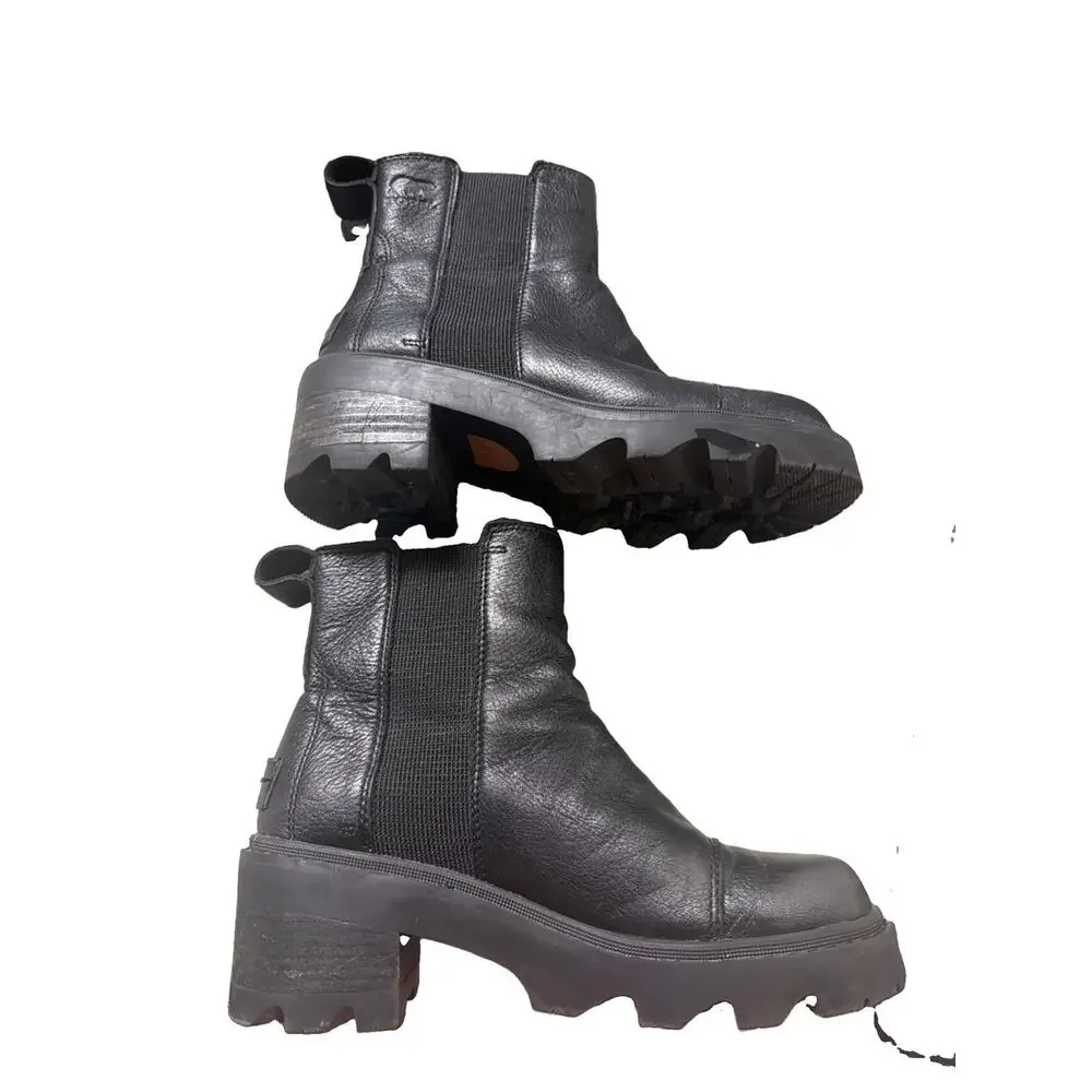 Sorel Joan Chelsea Leather Black Pull-on Ankle Combat Boots Lug Sole 6.5 SRS2